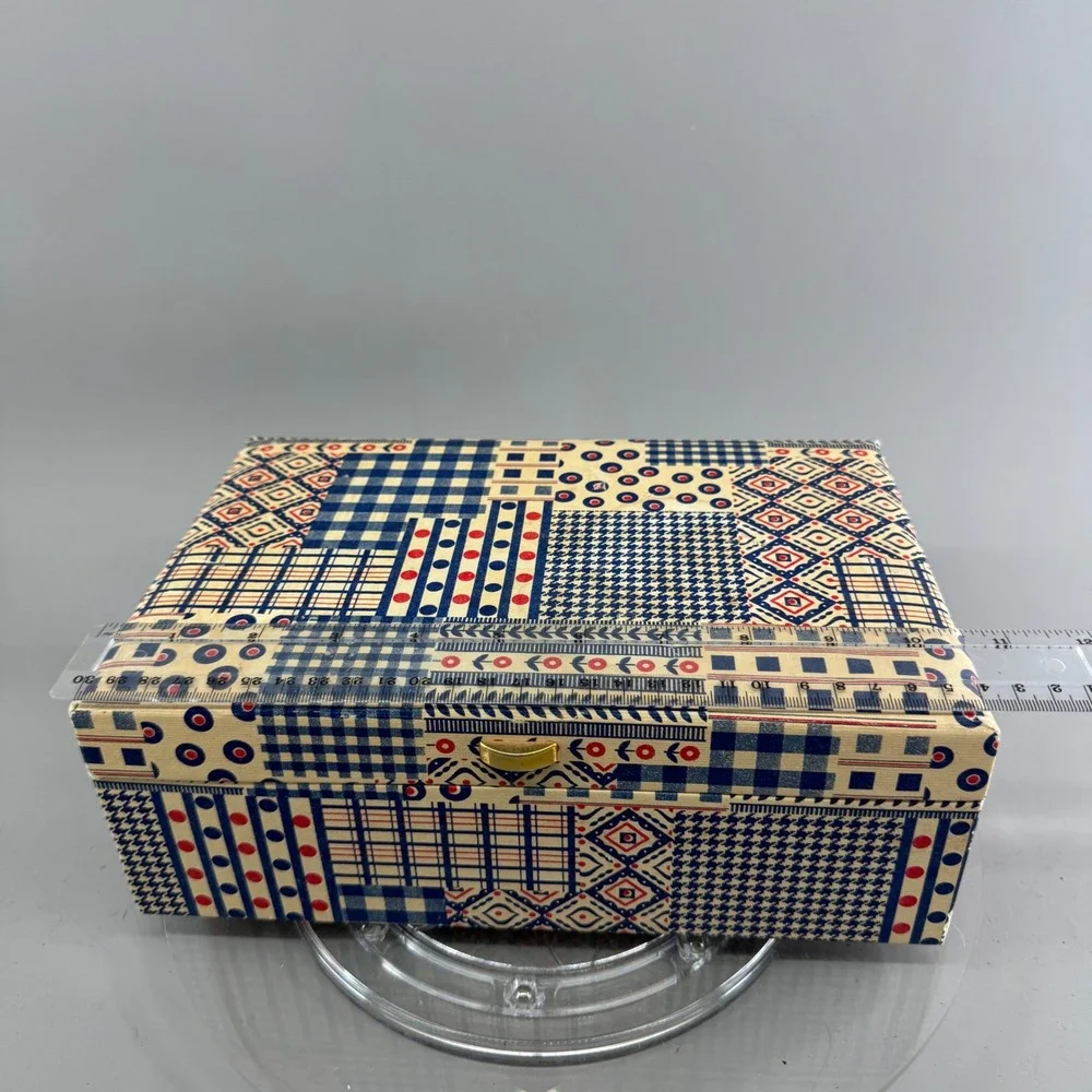 Buxton Vintage Jewelry Box Patchwork Geometric Print Organizer Blue Red USA